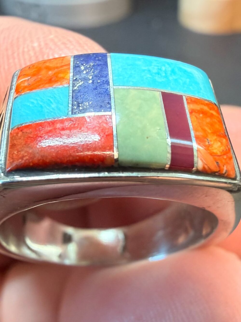 Colorblock Inlay Sterling Silver Statement Ring - Turquoise & Coral - Picture 8 of 10